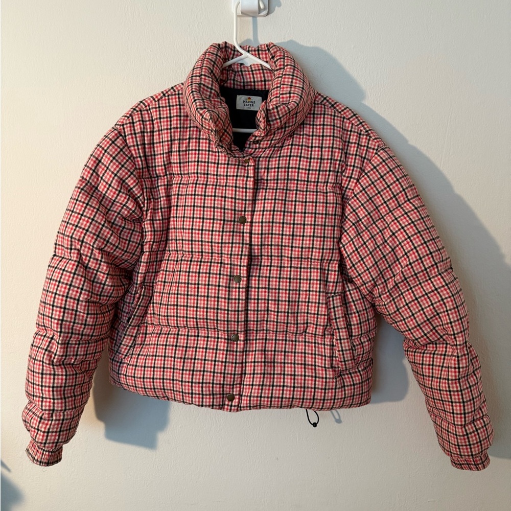 Cute Red + Pink Plaid Marine Layer Puffer - Size L